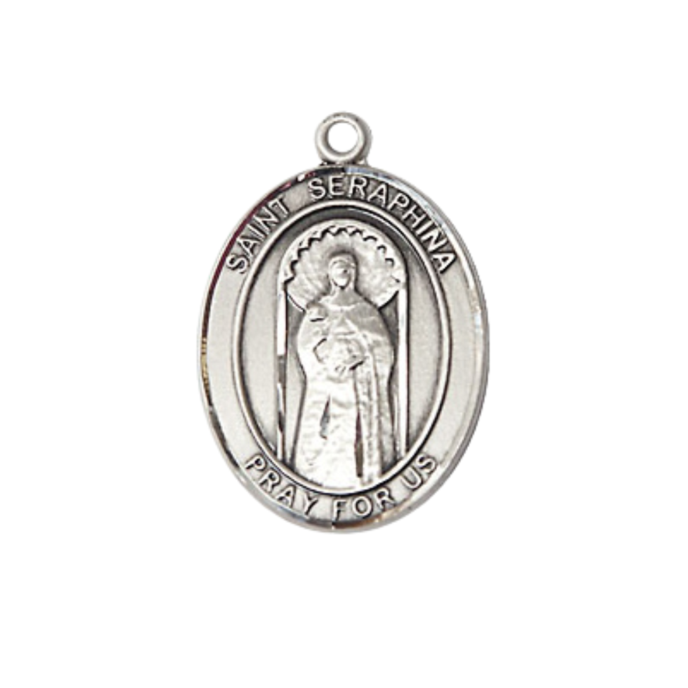 Medium Men's .925 Sterling Silver Saint St. Seraphina Medal Pendant on 24 Inch Endless Rhodium Plated Heavy Curb Brass Chain, Catholic Religious Necklace - Made in USA- Deluxe Velvet Gift Box
