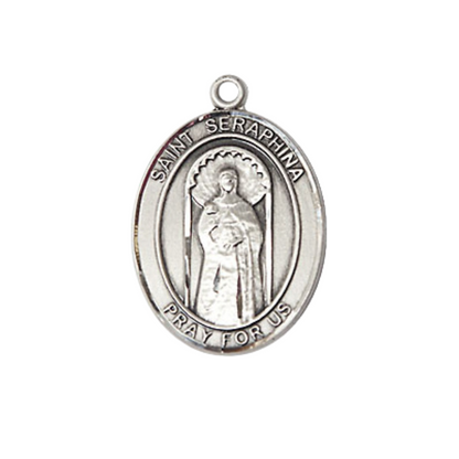 Everlasting Light Jewelry Medium Men's Pewter Saint St. Seraphina Medal Pendant on 24 Inch Endless Rhodium Plated Heavy Curb Brass Chain, Catholic Religious Necklace - Made in USA- Deluxe Velvet Gift Box