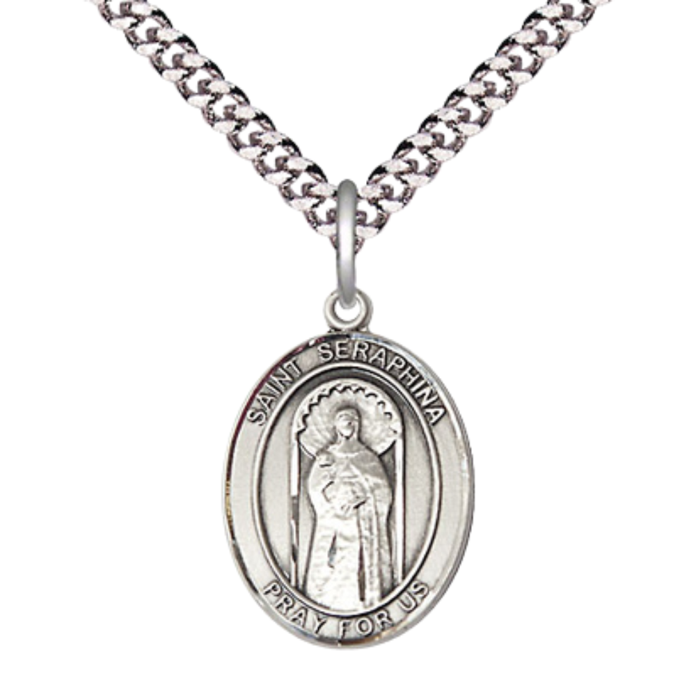 Mens Medium Oval .925 Sterling Silver Saint St. Seraphina Medal Pendant on 24 Inch Rhodium Plated Heavy Curb Brass Chain w/ Lobster Claw Clasp, Catholic Religious Necklace - Made in USA- Velvet Gift Box