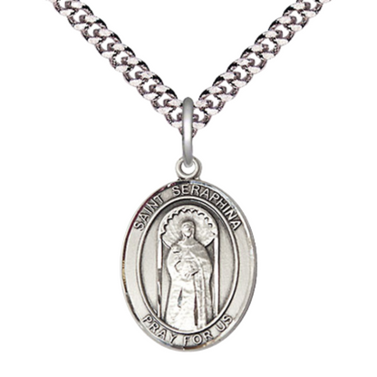 Mens Medium Oval .925 Sterling Silver Saint St. Seraphina Medal Pendant on 24 Inch Rhodium Plated Heavy Curb Brass Chain w/ Lobster Claw Clasp, Catholic Religious Necklace - Made in USA- Velvet Gift Box