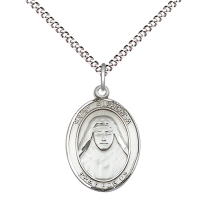 Everlasting Light Jewelry Medium Women's Pewter Saint St. Alphonsa Pendant Necklace on 18- inch Rhodium- Plated Lite Curb Brass Chain – 3/4- inch Medal with Lobster Claw Clasp, Catholic Medal – Velvet Gift Box Included