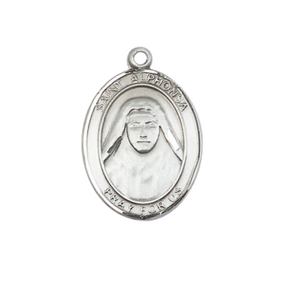 Everlasting Light Jewelry Medium Men's Pewter Saint St. Alphonsa Medal Pendant on 24 Inch Endless Rhodium Plated Heavy Curb Brass Chain, Catholic Religious Necklace - Made in USA- Deluxe Velvet Gift Box