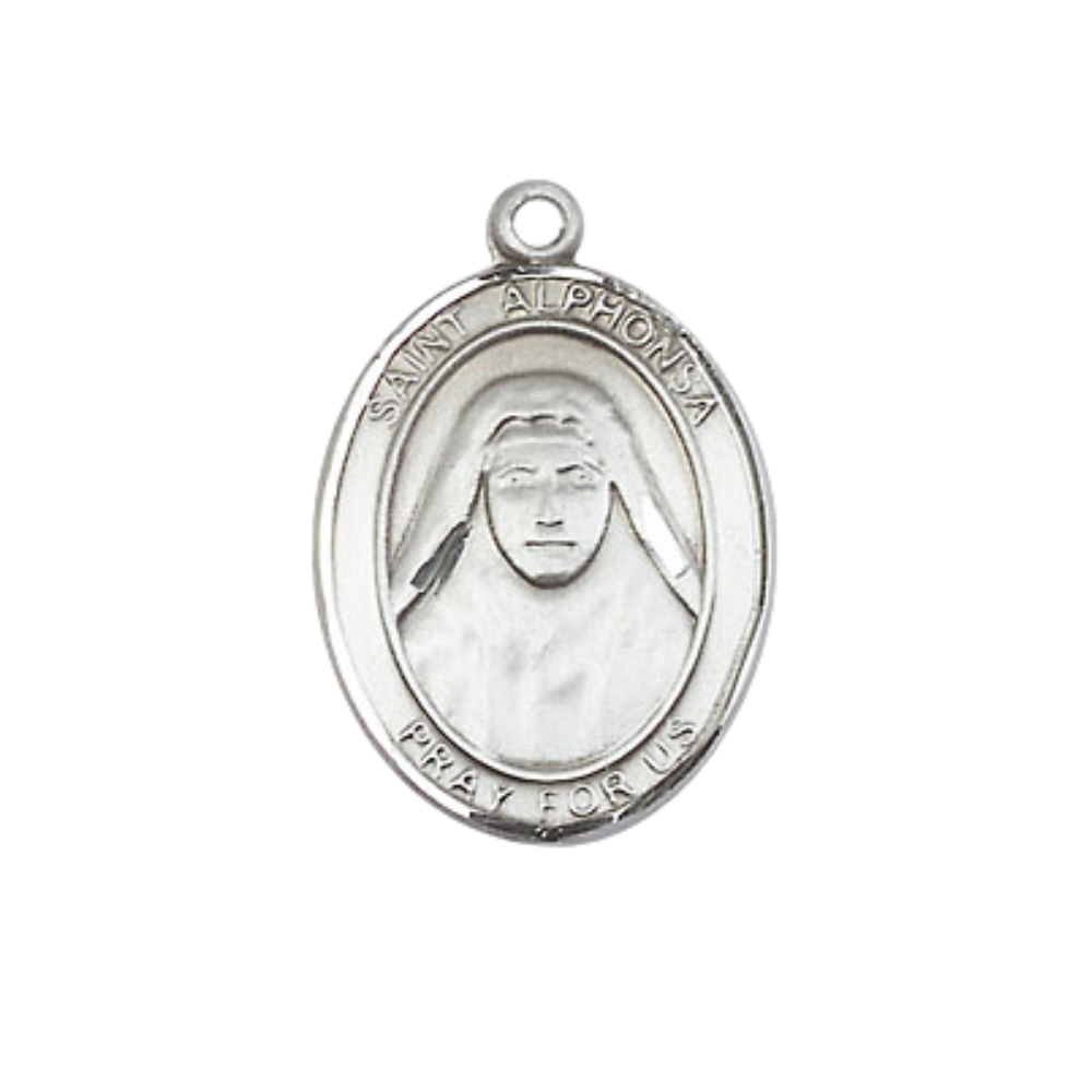 Medium Men's .925 Sterling Silver Saint St. Alphonsa Medal Pendant on 24 Inch Endless Rhodium Plated Heavy Curb Brass Chain, Catholic Religious Necklace - Made in USA- Deluxe Velvet Gift Box