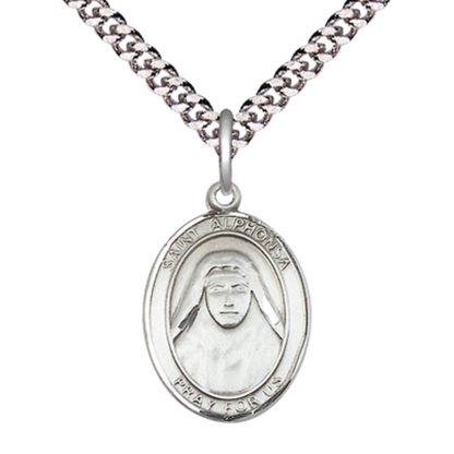 Everlasting Light Jewelry Medium Men's Pewter Saint St. Alphonsa Medal Pendant on 24 Inch Endless Rhodium Plated Heavy Curb Brass Chain, Catholic Religious Necklace - Made in USA- Deluxe Velvet Gift Box