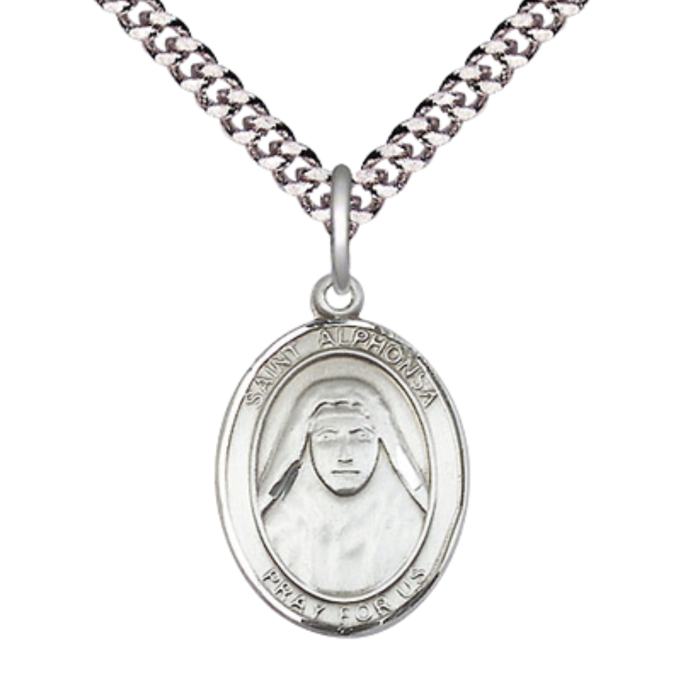 Mens Medium Oval Pewter Saint St. Alphonsa Medal Pendant on 24 Inch Rhodium Plated Heavy Curb Brass Chain with Lobster Claw Clasp, Catholic Religious Necklace - Made in USA- Deluxe Velvet Gift Box