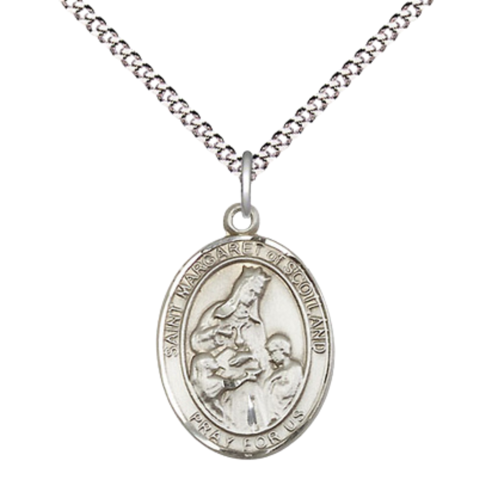 Medium Women's Pewter Saint St. Margaret of Scotland Pendant Necklace on 18- inch Rhodium- Plated Lite Curb Brass Chain – 3/4- inch Medal with Lobster Claw Clasp, Catholic Medal – Velvet Gift Box Included