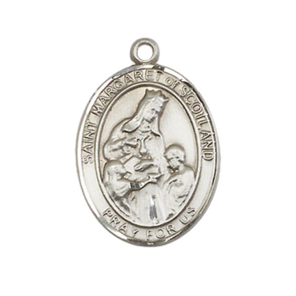 .925 Sterling Silver Saint St. Margaret of Scotland Medal Pendant on 24 Inch Endless Rhodium Plated Heavy Curb Brass Chain, Catholic Religious Necklace - Made in USA- Deluxe Velvet Gift Box