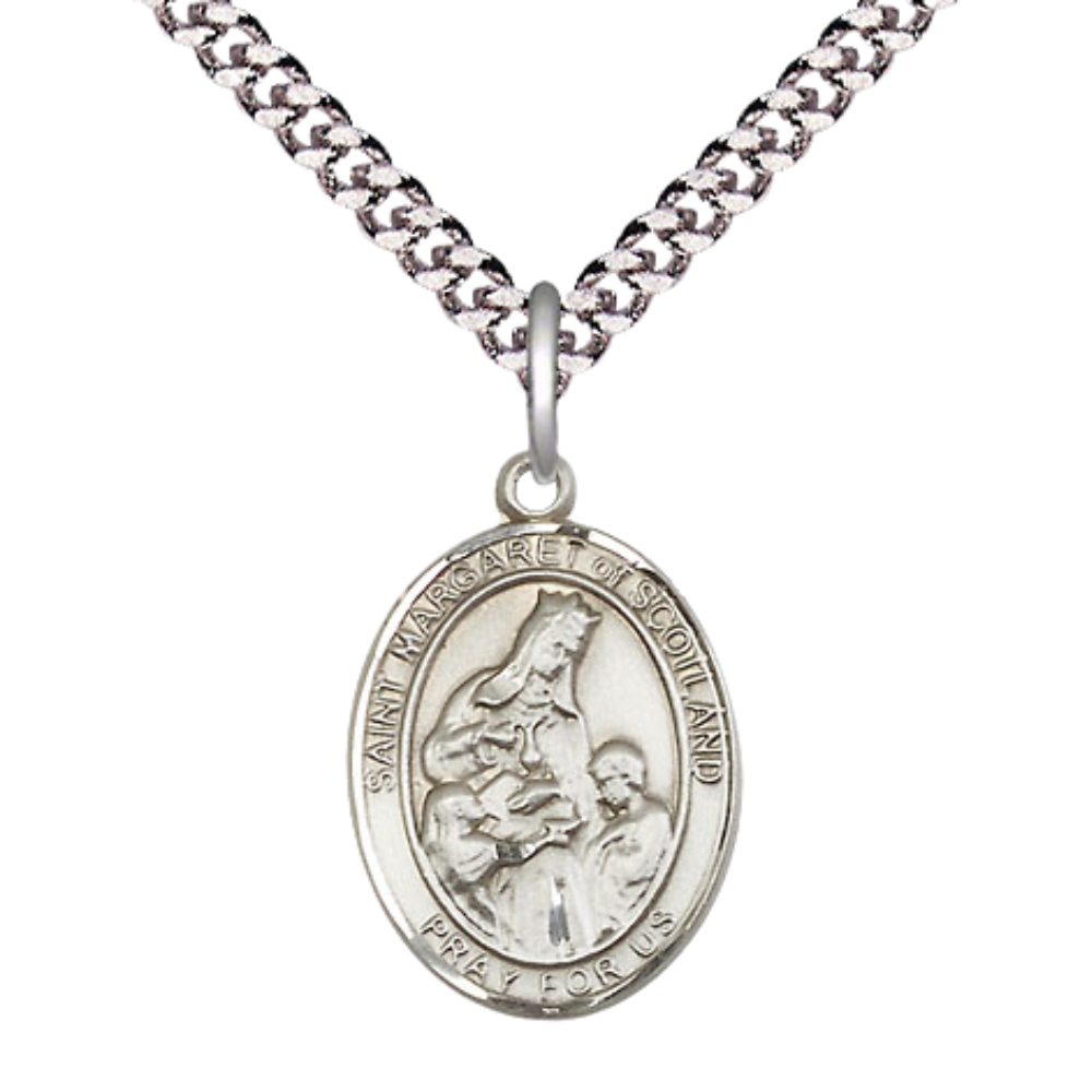 .925 Sterling Silver Saint St. Margaret of Scotland Medal Pendant on 24 Inch Endless Rhodium Plated Heavy Curb Brass Chain, Catholic Religious Necklace - Made in USA- Deluxe Velvet Gift Box