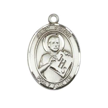 Medium Men's Pewter Saint St.Viator of Bergamo Medal Pendant on 24 Inch Endless Rhodium Plated Heavy Curb Brass Chain, Catholic Religious Necklace -Made in USA- Deluxe Velvet Gift Box
