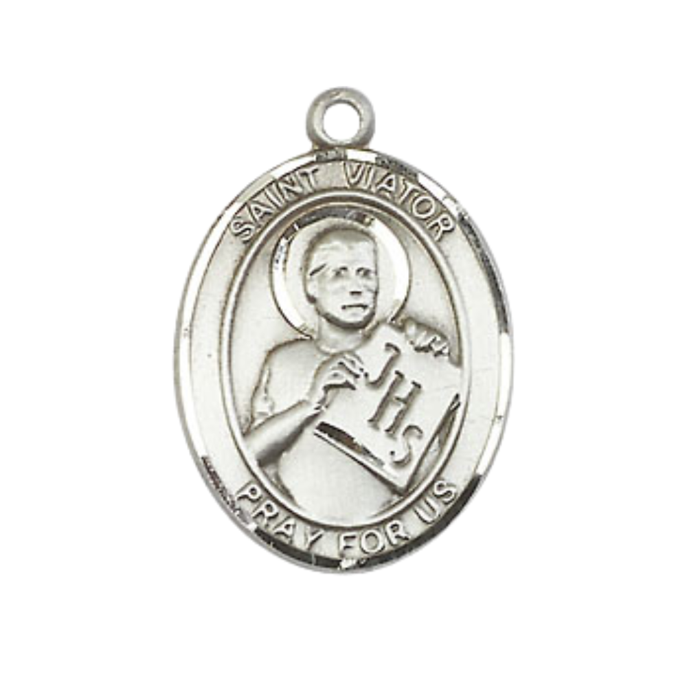 Medium Men's .925 Sterling Silver Saint St. Viator of Bergamo Medal Pendant on 24 Inch Endless Rhodium Plated Heavy Curb Brass Chain, Catholic Religious Necklace - Made in USA- Deluxe Velvet Gift Box
