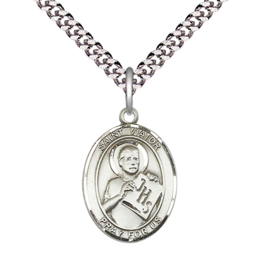 Medium Men's Pewter Saint St.Viator of Bergamo Medal Pendant on 24 Inch Endless Rhodium Plated Heavy Curb Brass Chain, Catholic Religious Necklace -Made in USA- Deluxe Velvet Gift Box
