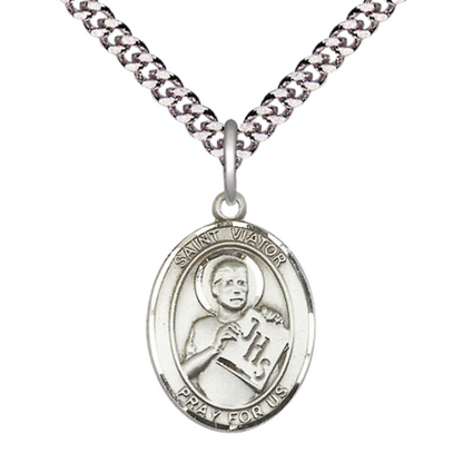 Medium Men's .925 Sterling Silver Saint St. Viator of Bergamo Medal Pendant on 24 Inch Endless Rhodium Plated Heavy Curb Brass Chain, Catholic Religious Necklace - Made in USA- Deluxe Velvet Gift Box
