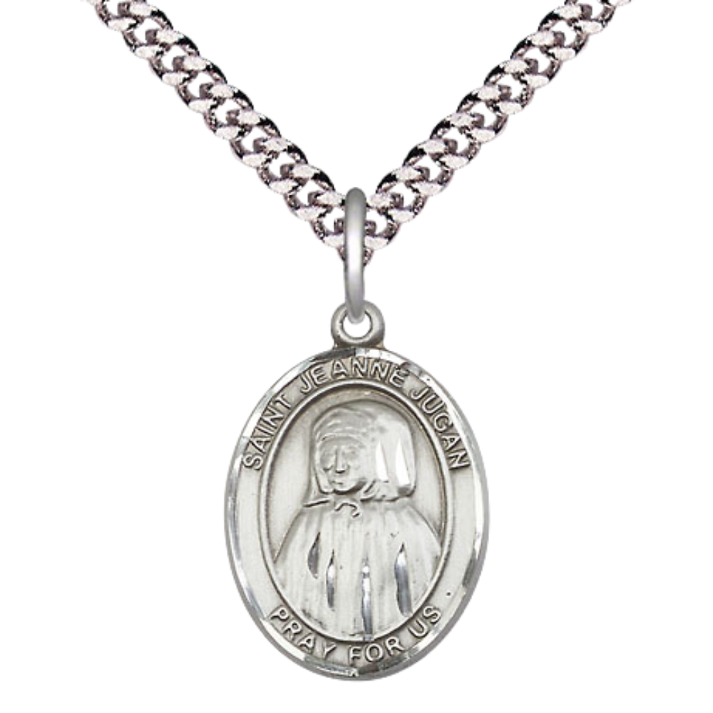 Medium Mens Oval .925 Sterling Silver Saint St. Jeanne Jugan Medal Pendant on 24 Inch Rhodium Plated Heavy Curb Brass Chain w/ Lobster Claw Clasp, Catholic Religious Necklace - Made in USA- Velvet Gift Box