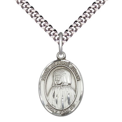 Everlasting Light Jewelry Medium Men's Pewter Saint St. Jeanne Jugan Medal Pendant on 24 Inch Endless Rhodium Plated Heavy Curb Brass Chain, Catholic Religious Necklace - Made in USA- Deluxe Velvet Gift Box
