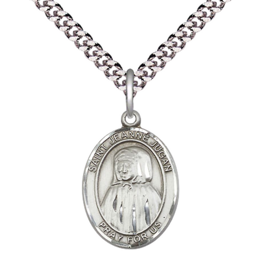 Everlasting Light Jewelry Medium Men's Pewter Saint St. Jeanne Jugan Medal Pendant on 24 Inch Endless Rhodium Plated Heavy Curb Brass Chain, Catholic Religious Necklace - Made in USA- Deluxe Velvet Gift Box