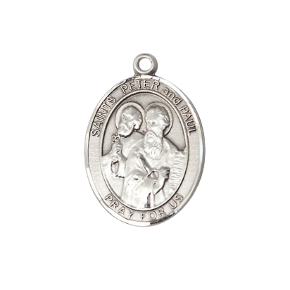 Medium Women's .925 Sterling Silver Saint St. Peter & Saint St. Paul Pendant Necklace on 18- inch Rhodium- Plated Lite Curb Brass Chain, Catholic Medal – Velvet Gift Box Included – Patron Saint St. s of Publishers/Reporters