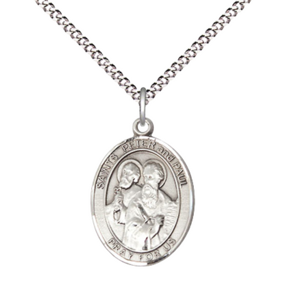 Medium Women's Pewter Saint St. Peter and Saint St. Paul Pendant Necklace on 18- inch Rhodium- Plated Lite Curb Brass Chain – 3/4- inch Medal with Lobster Claw Clasp, Catholic Medal – Velvet Gift Box Included