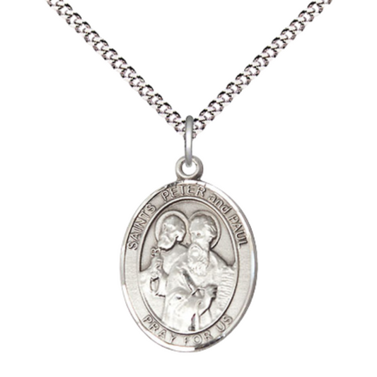 Medium Women's .925 Sterling Silver Saint St. Peter & Saint St. Paul Pendant Necklace on 18- inch Rhodium- Plated Lite Curb Brass Chain, Catholic Medal – Velvet Gift Box Included – Patron Saint St. s of Publishers/Reporters