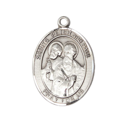 Mens Medium Oval Pewter Saint Peter Saint Paul Medal Pendant on 24" Rhodium Plated Heavy Curb Brass Chain w/ Lobster Claw Clasp, Catholic Religious Necklace -Made in USA-Velvet Gift Box