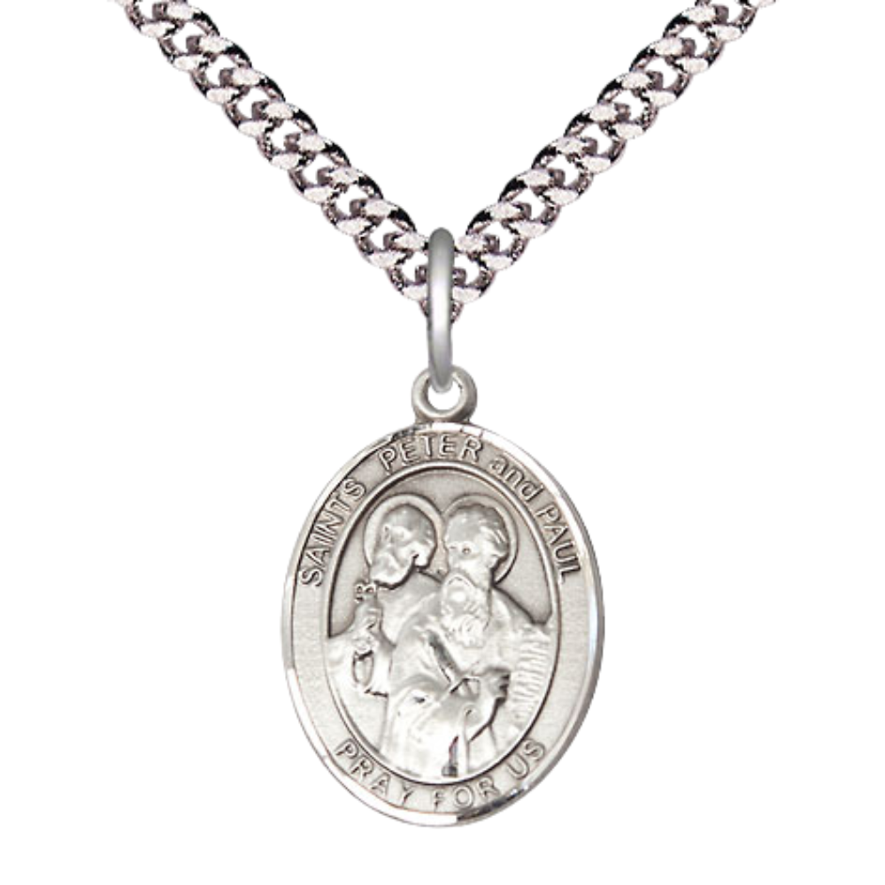 Mens Medium Oval Pewter Saint Peter Saint Paul Medal Pendant on 24" Rhodium Plated Heavy Curb Brass Chain w/ Lobster Claw Clasp, Catholic Religious Necklace -Made in USA-Velvet Gift Box