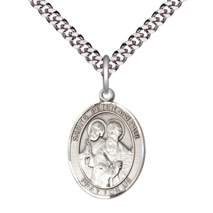 Medium Men's .925 Sterling Silver Saint St. Peter Saint St. Paul Medal Pendant on 24 Inch Endless Rhodium Plated Heavy Curb Brass Chain, Catholic Religious Necklace - Made in USA- Deluxe Velvet Gift Box