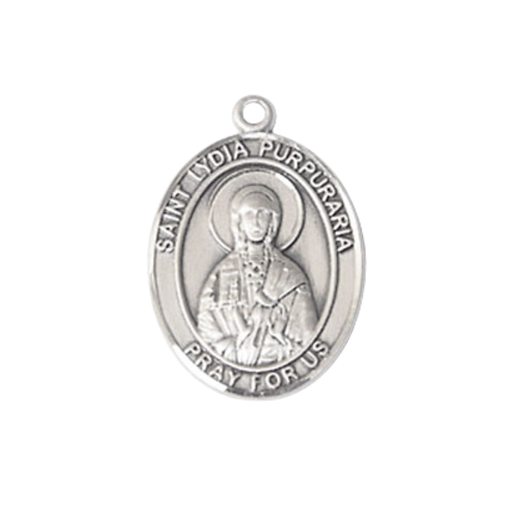 Everlasting Light Jewelry Medium Women's Pewter Saint St. Lydia Purpuraria Pendant Necklace on 18- inch Rhodium- Plated Lite Curb Brass Chain – 3/4- inch Medal with Lobster Claw Clasp, Catholic Medal – Velvet Gift Box Included