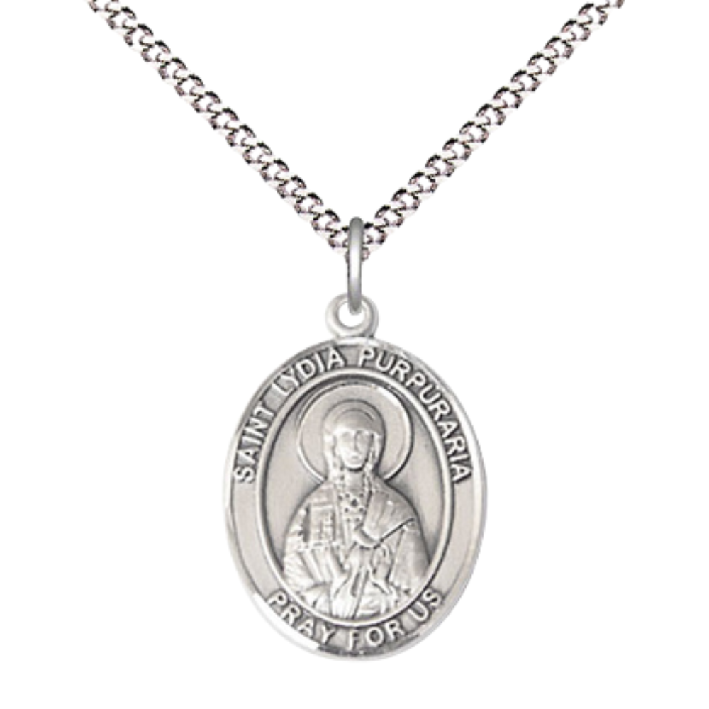 Everlasting Light Jewelry Medium Women's Pewter Saint St. Lydia Purpuraria Pendant Necklace on 18- inch Rhodium- Plated Lite Curb Brass Chain – 3/4- inch Medal with Lobster Claw Clasp, Catholic Medal – Velvet Gift Box Included