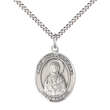 Everlasting Light Jewelry Medium Women's Pewter Saint St. Lydia Purpuraria Pendant Necklace on 18- inch Rhodium- Plated Lite Curb Brass Chain – 3/4- inch Medal with Lobster Claw Clasp, Catholic Medal – Velvet Gift Box Included