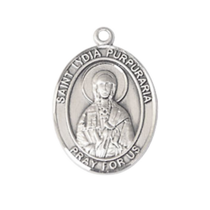 Mens Medium Oval Pewter Saint St. Lydia Purpuraria Medal Pendant on 24 Inch Rhodium Plated Heavy Curb Brass Chain w/ Lobster Claw Clasp, Catholic Religious Necklace - Made in USA- Velvet Gift Box