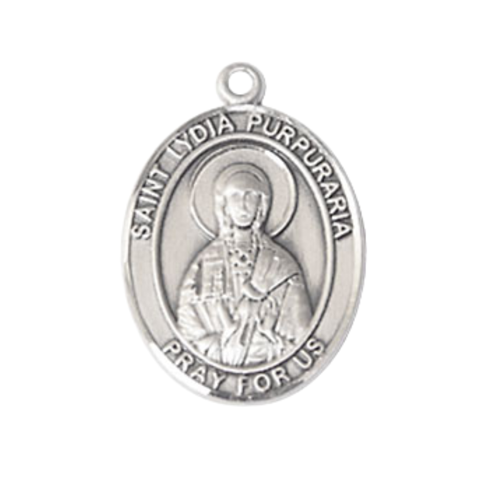 Medium Men's .925 Sterling Silver Saint St. Lydia Purpuraria Medal Pendant on 24 Inch Endless Rhodium Plated Heavy Curb Brass Chain, Catholic Religious Necklace - Made in USA- Deluxe Velvet Gift Box