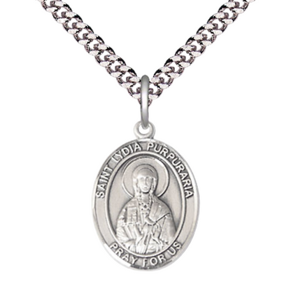 Medium Men's .925 Sterling Silver Saint St. Lydia Purpuraria Medal Pendant on 24 Inch Endless Rhodium Plated Heavy Curb Brass Chain, Catholic Religious Necklace - Made in USA- Deluxe Velvet Gift Box