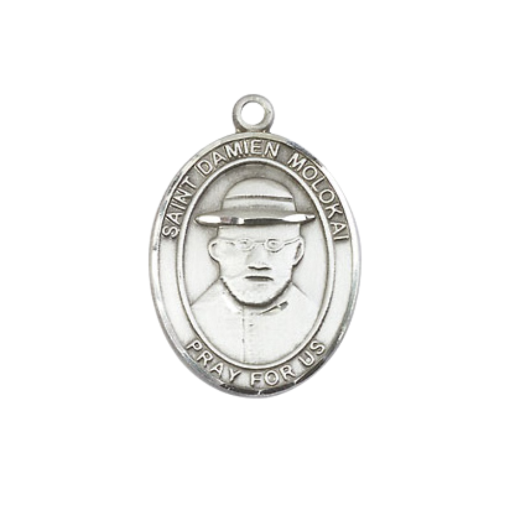 Everlasting Light Jewelry Medium Women's .925 Sterling Silver Saint St. Damien of Molokai Pendant Necklace on 18- inch Rhodium- Plated Lite Curb Brass Chain, Catholic Medal – Velvet Gift Box Included – Patron Saint St. of Leprosy Victims