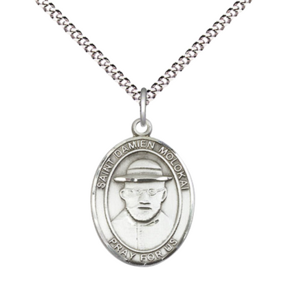 Everlasting Light Jewelry Medium Women's Pewter Saint St. Damien of Molokai Pendant Necklace on 18- inch Rhodium- Plated Lite Curb Brass Chain – 3/4- inch Medal with Lobster Claw Clasp, Catholic Medal – Velvet Gift Box Included