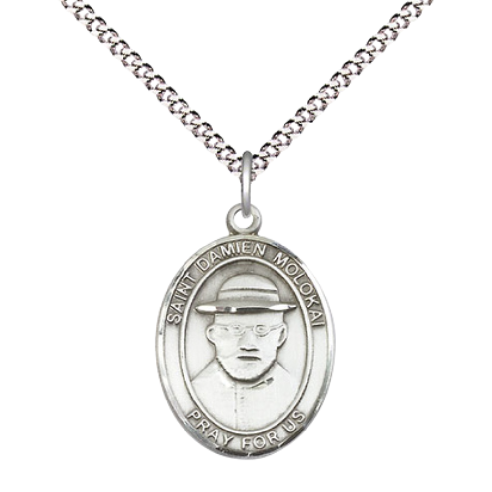 Everlasting Light Jewelry Medium Women's .925 Sterling Silver Saint St. Damien of Molokai Pendant Necklace on 18- inch Rhodium- Plated Lite Curb Brass Chain, Catholic Medal – Velvet Gift Box Included – Patron Saint St. of Leprosy Victims