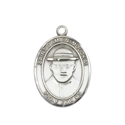 Medium Mens Oval .925 Sterling Silver Saint St. Damien of Molokai Medal Pendant on 24 Inch Rhodium Plated Heavy Curb Brass Chain w/ Lobster Claw Clasp, Catholic Religious Necklace - Made in USA- Velvet Gift Box