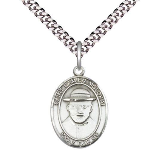 Medium Men's .925 Sterling Silver Saint St. Damien of Molokai Medal Pendant on 24 Inch Endless Rhodium Plated Heavy Curb Brass Chain, Catholic Religious Necklace - Made in USA- Deluxe Velvet Gift Box