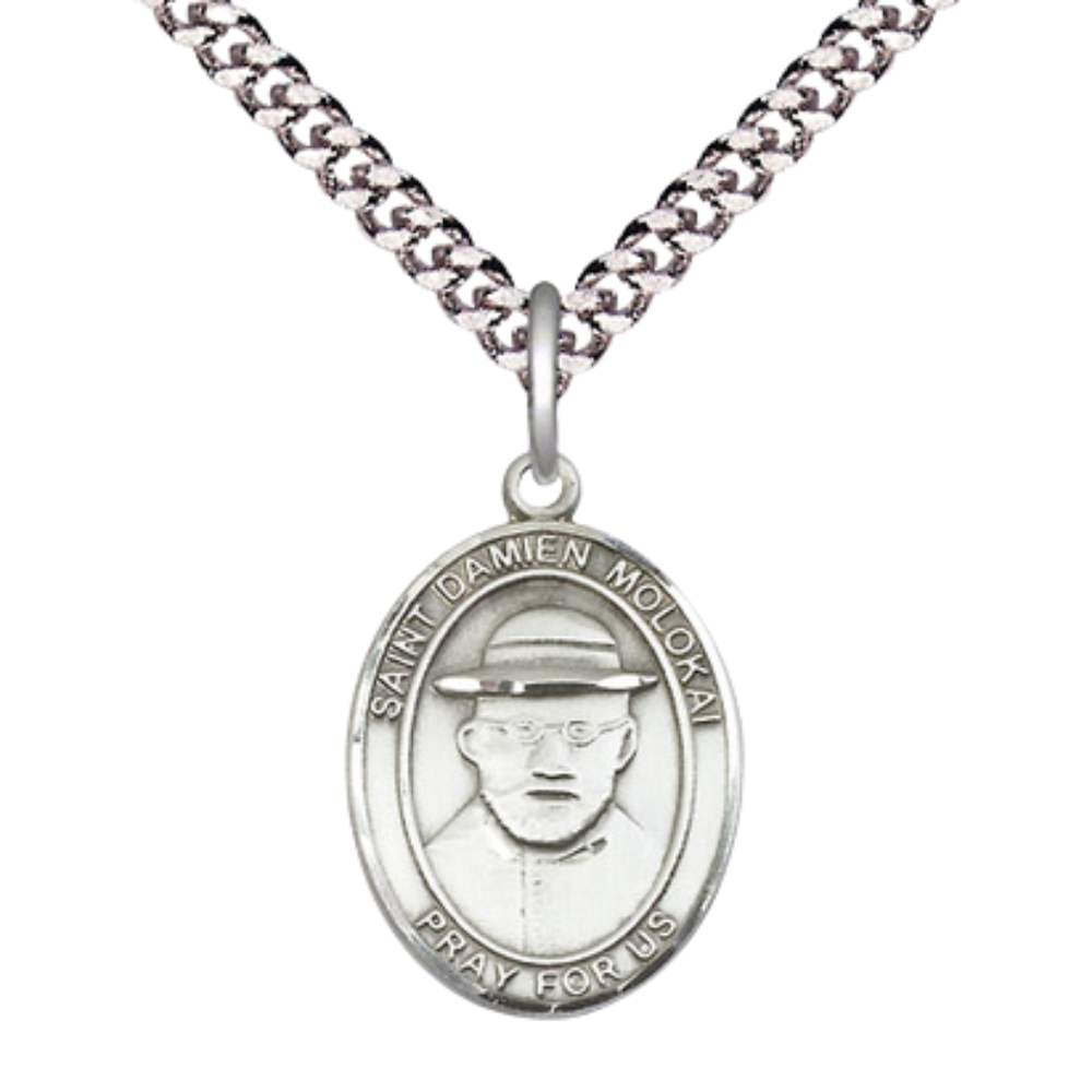 Medium Mens Oval .925 Sterling Silver Saint St. Damien of Molokai Medal Pendant on 24 Inch Rhodium Plated Heavy Curb Brass Chain w/ Lobster Claw Clasp, Catholic Religious Necklace - Made in USA- Velvet Gift Box