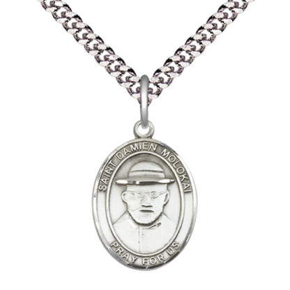 Medium Mens Oval .925 Sterling Silver Saint St. Damien of Molokai Medal Pendant on 24 Inch Rhodium Plated Heavy Curb Brass Chain w/ Lobster Claw Clasp, Catholic Religious Necklace - Made in USA- Velvet Gift Box