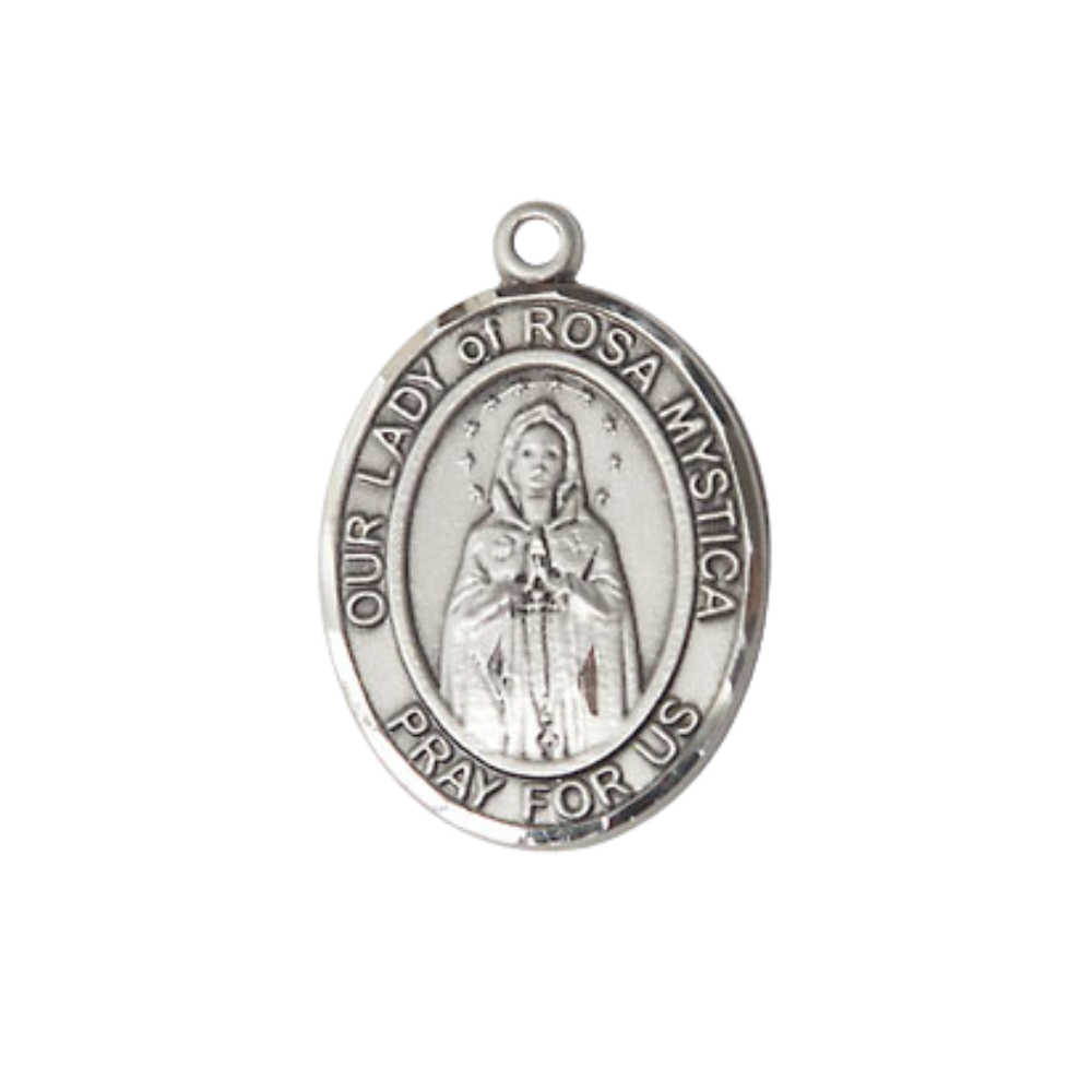 Everlasting Light Jewelry Medium Women's Pewter Our Lady of Rosa Mystica Pendant Necklace on 18- inch Rhodium- Plated Lite Curb Brass Chain – 3/4- inch Medal with Lobster Claw Clasp, Catholic Medal – Velvet Gift Box Included