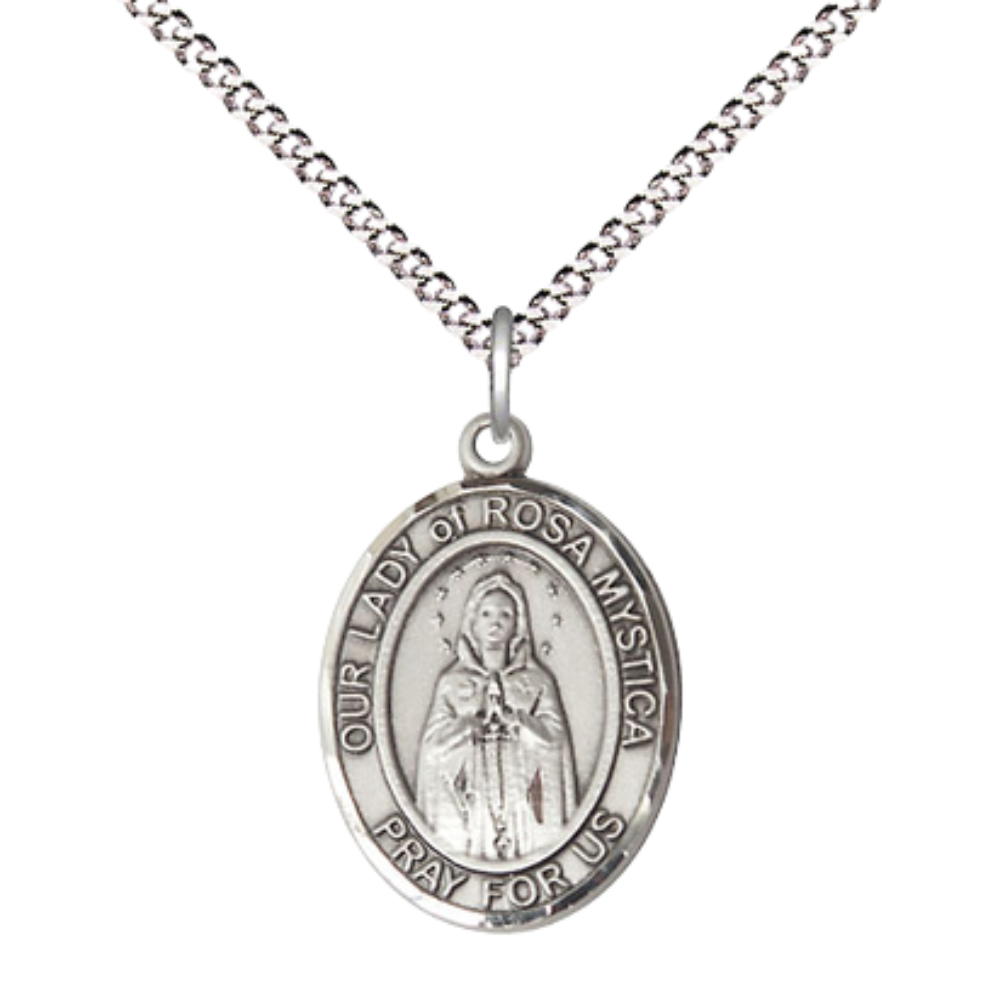 Everlasting Light Jewelry Medium Women's Pewter Our Lady of Rosa Mystica Pendant Necklace on 18- inch Rhodium- Plated Lite Curb Brass Chain – 3/4- inch Medal with Lobster Claw Clasp, Catholic Medal – Velvet Gift Box Included