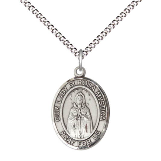 Everlasting Light Jewelry Medium Women's .925 Sterling Silver Our Lady of Rosa Mystica Pendant Necklace on 18- inch Rhodium- Plated Lite Curb Brass Chain, Catholic Medal – Velvet Gift Box Included – Spiritual Devotion Medal