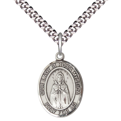 Mens Medium Oval Pewter Our Lady of Rosa Mystica Medal Pendant on 24 Inch Rhodium Plated Heavy Curb Brass Chain w/ Lobster Claw Clasp, Catholic Religious Necklace - Made in USA- Velvet Gift Box