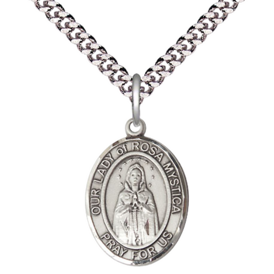 Medium Mens Oval Sterling Silver Our Lady of Rosa Mystica Medal Pendant on 24" Rhodium Plated Heavy Curb Brass Chain w/ Lobster Claw Clasp,Catholic Religious Necklace -Made in USA-Velvet Gift Box