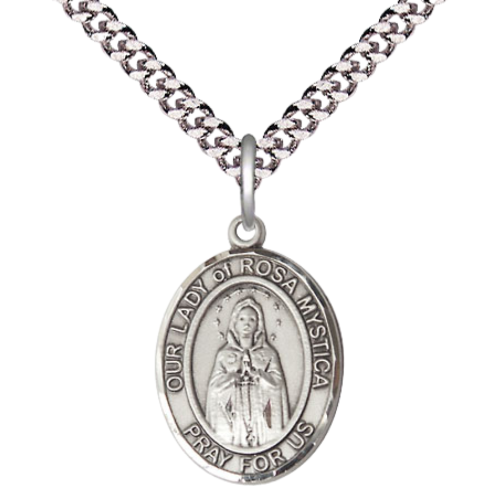 Medium Men's .925 Sterling Silver Our Lady of Rosa Mystica Medal Pendant on 24 Inch Endless Rhodium Plated Heavy Curb Brass Chain, Catholic Religious Necklace - Made in USA- Deluxe Velvet Gift Box