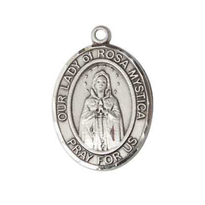 Mens Medium Oval Pewter Our Lady of Rosa Mystica Medal Pendant on 24 Inch Rhodium Plated Heavy Curb Brass Chain w/ Lobster Claw Clasp, Catholic Religious Necklace - Made in USA- Velvet Gift Box