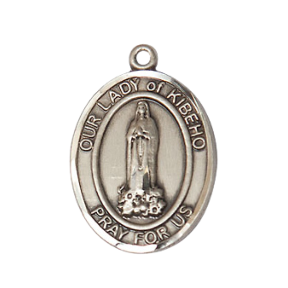 Medium Men's .925 Sterling Silver Our Lady of Kibeho Medal Pendant on 24 Inch Endless Rhodium Plated Heavy Curb Brass Chain, Catholic Religious Necklace - Made in USA- Deluxe Velvet Gift Box