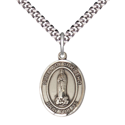 Medium Men's .925 Sterling Silver Our Lady of Kibeho Medal Pendant on 24 Inch Endless Rhodium Plated Heavy Curb Brass Chain, Catholic Religious Necklace - Made in USA- Deluxe Velvet Gift Box