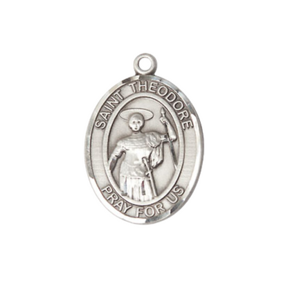 Medium Women's .925 Sterling Silver Saint St. Theodore Stratelates Pendant Necklace on 18- inch Rhodium- Plated Lite Curb Brass Chain, Catholic Medal – Velvet Gift Box Included – Patron Saint St. of Brindisi, Italy