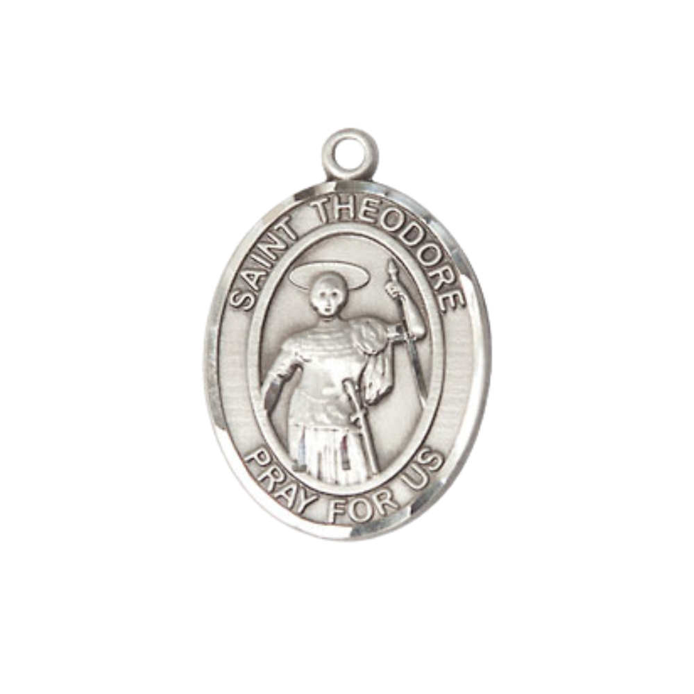 Medium Women's Pewter Saint St. Theodore Stratelates Pendant Necklace on 18- inch Rhodium- Plated Lite Curb Brass Chain – 3/4- inch Medal with Lobster Claw Clasp, Catholic Medal – Velvet Gift Box Included
