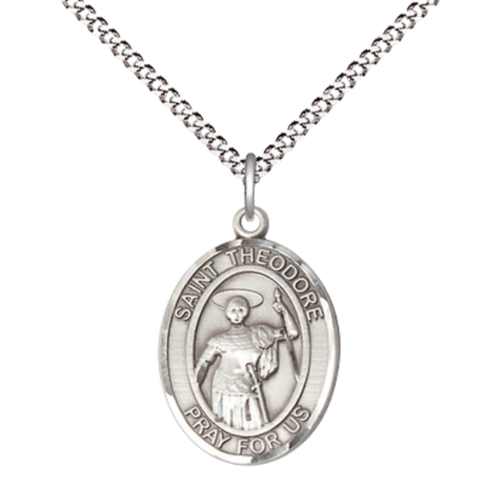 Medium Women's Pewter Saint St. Theodore Stratelates Pendant Necklace on 18- inch Rhodium- Plated Lite Curb Brass Chain – 3/4- inch Medal with Lobster Claw Clasp, Catholic Medal – Velvet Gift Box Included